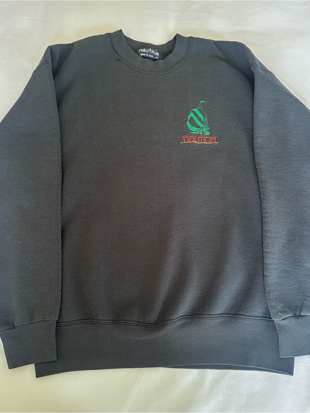 Vintage 90s NAUTICA Crewneck Sweatshirt XL Black Embroidered Sail Made in USA